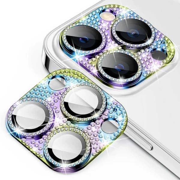 iPhone 14 Pro/14 Pro Max Kamerabeskyttelse Herdet Glass Rhinestone Regnbue Flerfarget multicolor