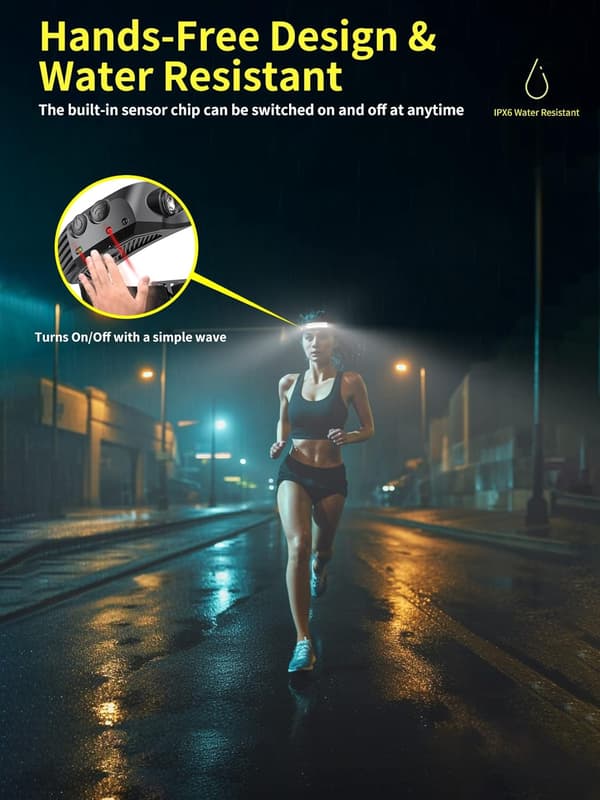 LED hodelykt, 230° vidvinkel, oppladbar, med bevegelsessensor, vanntett, LED frontlys