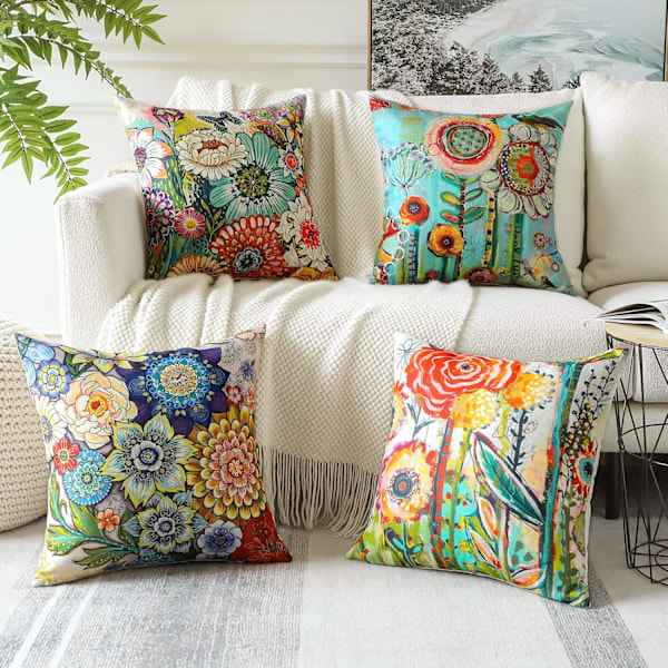 Set med 4 blommiga prydnadskuddfodral 45x45 cm sommar dekorativa fyrkantiga kuddöverdrag soffa färgglada kuddskydd