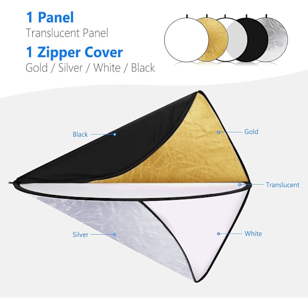 43 tommer/110 cm lysreflektor diffuser 5 i 1 sammenklappelig multi-disk med taske - Translucent, sølv, guld, hvid og sort til udendørs belysning