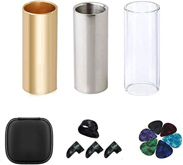 Gitarrslide, Set med 1 Glasslide, 1 Stålslide och 1 Mässingsgitarrslide, Bonus 6 st Gitarrplektrum och 4 Fingerplektrum