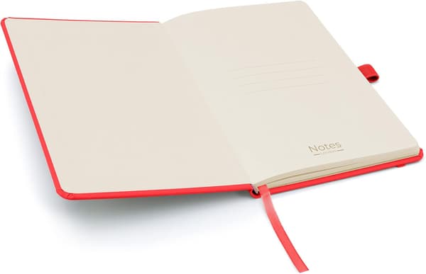 A5 Notesbog med linjerede sider, penholder, bånd, datomærker og papirlomme, medium hardback journal, note, bæredygtigt produceret papir (rød)