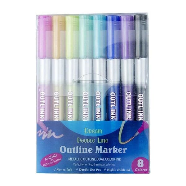 8 Farvede Metallic Dobbeltstregs Doodle Kunst Tegne Kontur Pen Sæt Nyt