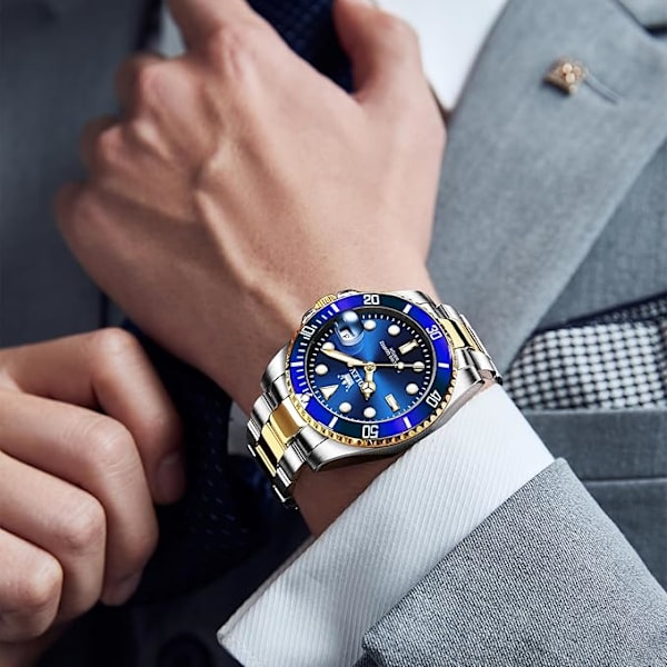 OLEVS Herreure Sort Blue Dial/Gold Silver Band