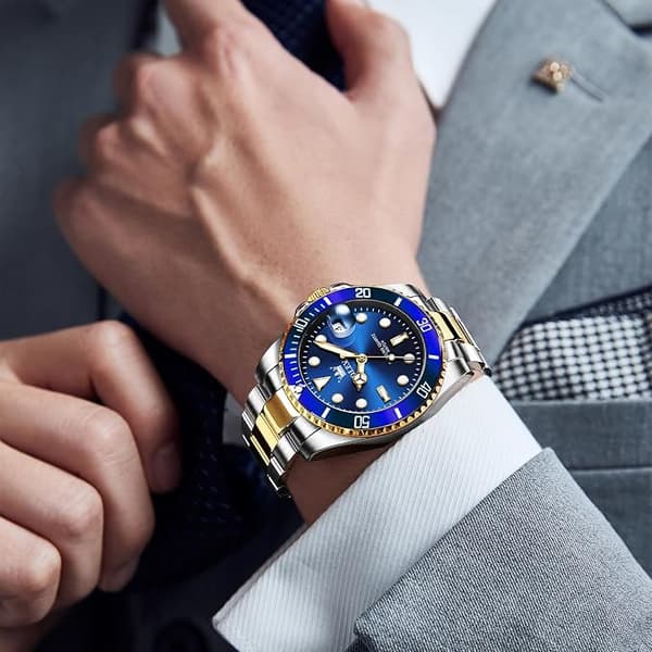 OLEVS Miesten Kellot Musta Blue Dial/Gold Silver Band
