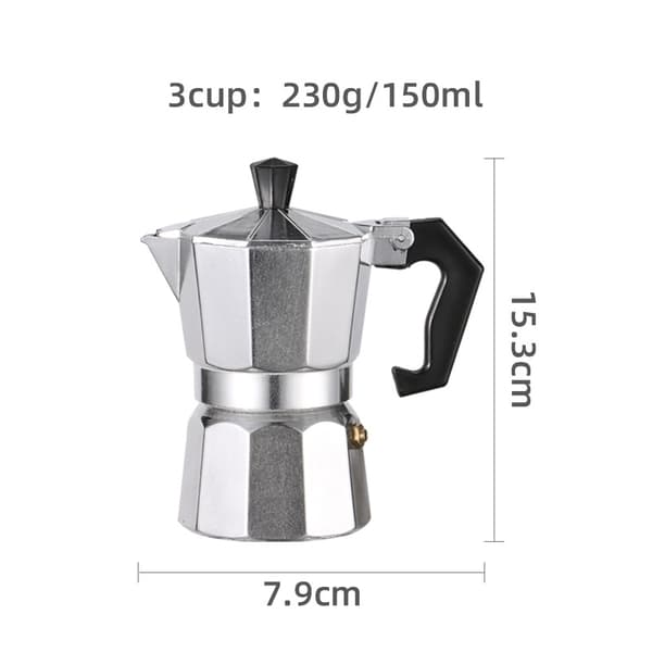 150 ml aluminium espressokande, tre kopper, sølv