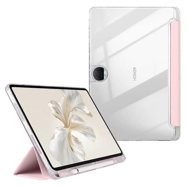 For Honor Pad 9 Deksel Tri-Fold Stativ Lær+TPU+Akryl Klar Bakside Tablet Cover
