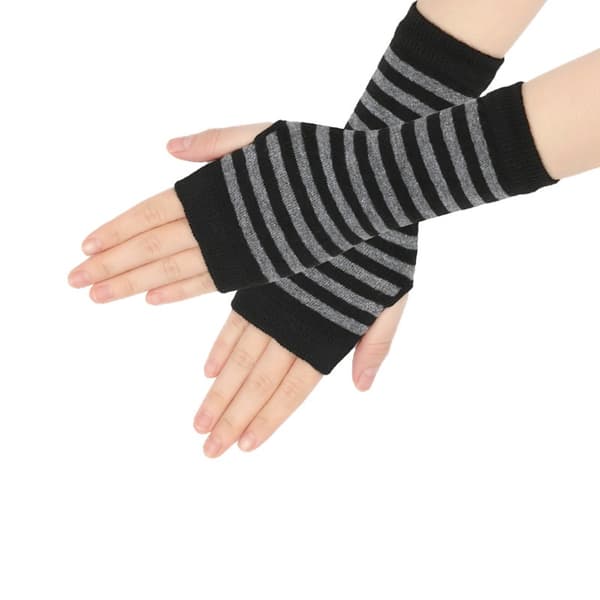 Stribede fingerløse vanter, strikkede armvarmere med tommelfingerhuller Sort+Grå Black+Grey