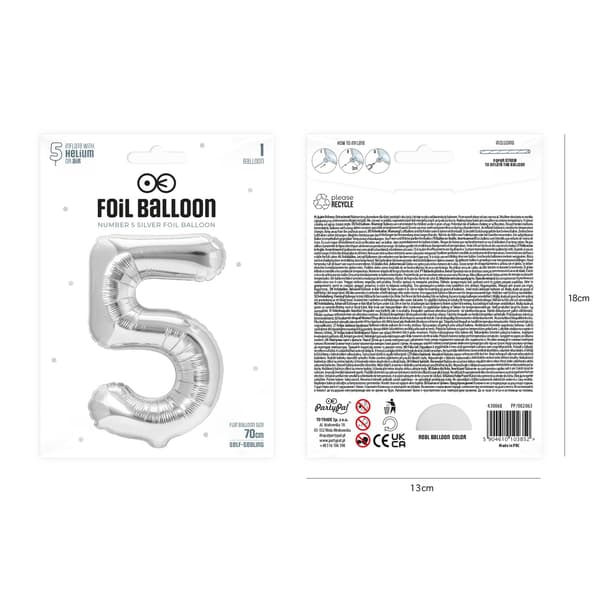 Folioilmapallo numero 5 hopea 70 cm silver