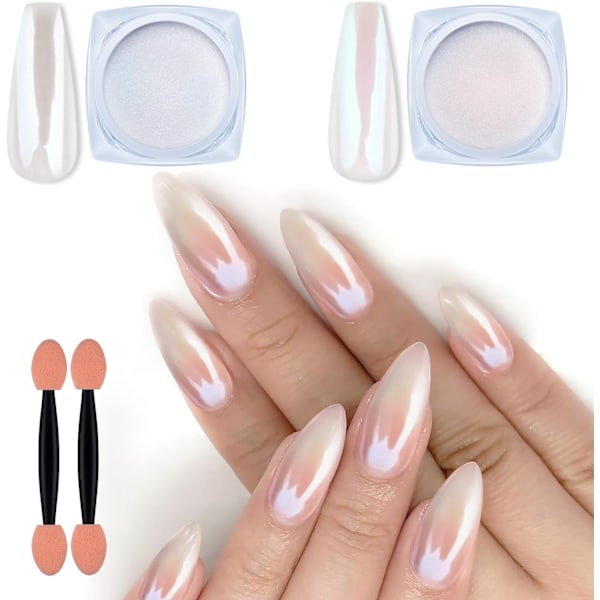 2 Burkar Krom Nagelpulver Vit och Röd Pärla, Iridescent Aurora Pulver Metallisk Spegeleffekt Pigment Pärlemorskimrande Sjöjungfru Pärla