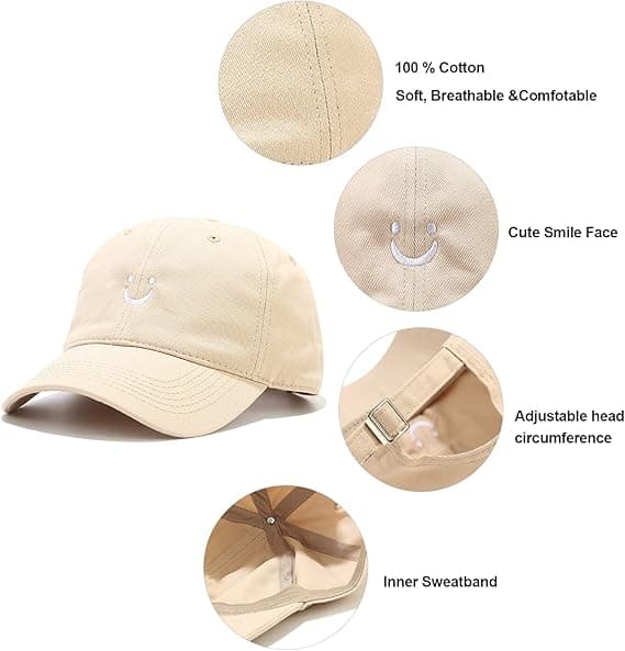 Smile Face Baseball Cap til Kvinder Mænd Justerbar Lav Profil Ustruktureret Bomulds Far Hat Beige