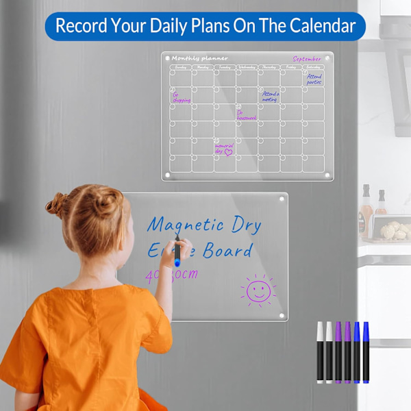 Akryl Magnetisk Whiteboard Memo-tavla och Kalender för Kylskåp, Klar Set om 2 Kalendrar för Kylskåp Återanvändbar Planerare (Månadsvis+Memo)
