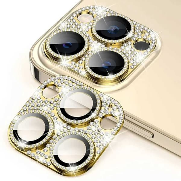 iPhone 14 Pro/14 Pro Max Kamerabeskyttelse Herdet Glass Bling Gull gull gold