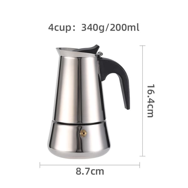 Oktagonal mokkakande i rustfrit stål til 4 kopper, egnet til induktionskogeplader og elkomfurer (200 ml).