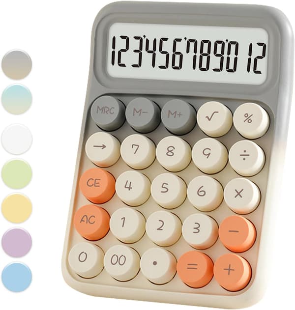 Grå og hvit kalkulator, standardkalkulator, grå og hvit kalkulator med 12-sifret display og store knapper