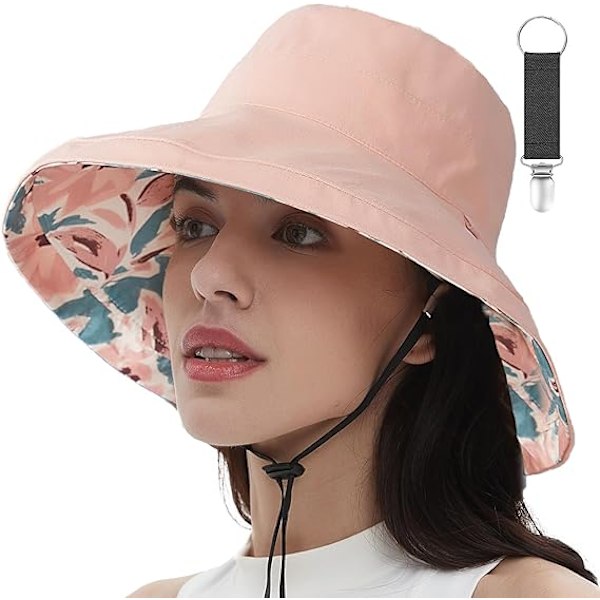 Solhattar för damer, bredbrättad vändbar bucket-hatt i bomull, packbar sommarresehatt med hattklämma, UV-skydd rosa
