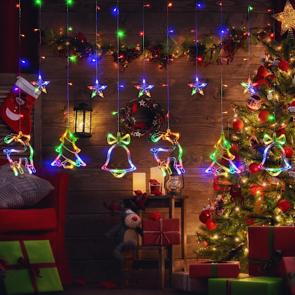 Julgardiner med 180 LED-lampor, Flerfärgade Hängande Juldekorationer, Rensa, Julklocka, Julgran, 8 Blinkande Lägen