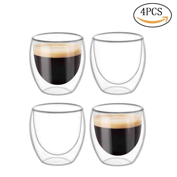 4 st Dubbelväggiga Koppar Glas Muggar, Klar Dubbelväggig Kaffe Koppar, Dubbelväggig, Cappuccino, Latte och Isolerad (250ml) 4pc