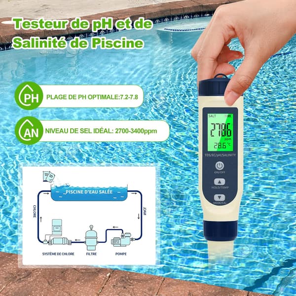 PH-mätare, 5 i 1 PH/TDS/EC/Salthalt/Termometer, LCD-display PH-testare, Elektronisk automatisk temperaturkompensation