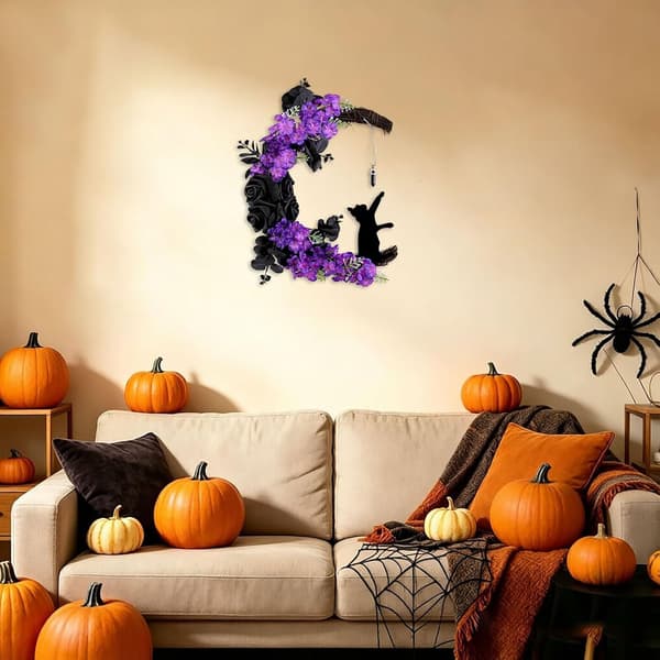 1 stk. 30 cm Måneformet Sort Kat Lilla Blomst Rattan Krans til Høst, Thanksgiving, Halloween, Jul