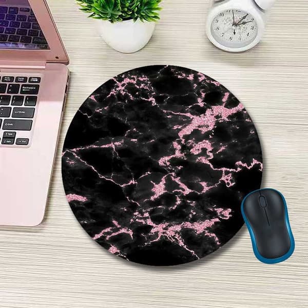 Blød rund musemåtte med print sort pink marmor 20cm sort black