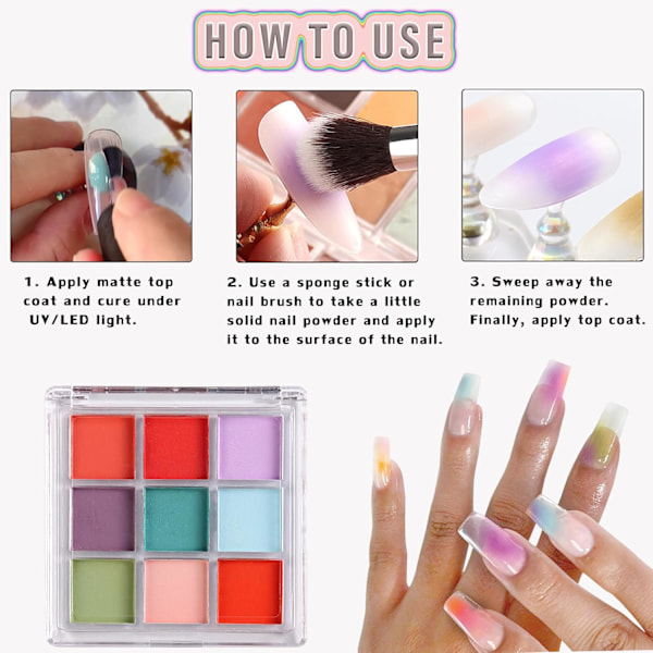 9 Färger Nagelpigment Palett Gradient Ombre Nagelpulver Set för DIY Manikyr Nybörjare - Perfekt Nageldesign med Ultra Fint Pulver