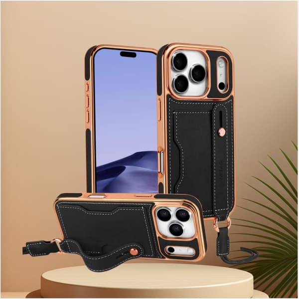 iPhone 17 -kotelo, jossa korttipaikka, olkahihna ja rannehihna, PU+TPU iskunkestävä suoja