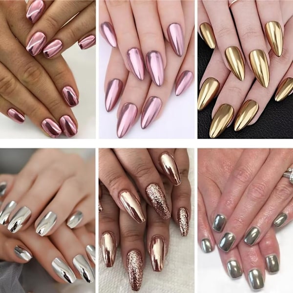6 st - Guld Chrome Nagelpulver - 【Metallisk Spegelglittereffekt】 Holografiskt Metalliskt Silver Koppar Chrome Nagelpulver för Naglar Guld
