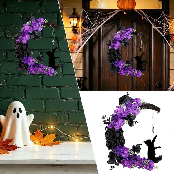 1 stk. 30 cm Måneformet Sort Kat Lilla Blomst Rattan Krans til Høst, Thanksgiving, Halloween, Jul