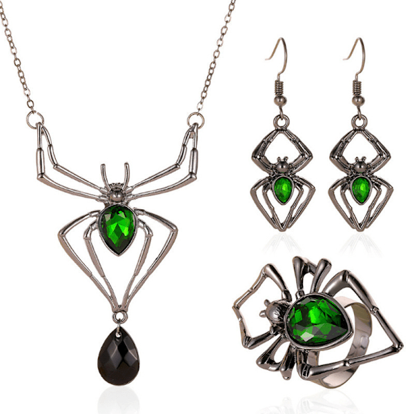 Vald Halloween Spindelhalsband Grön Kristall Spindel Smyckesset Halloween Kostymtillbehör Earrings