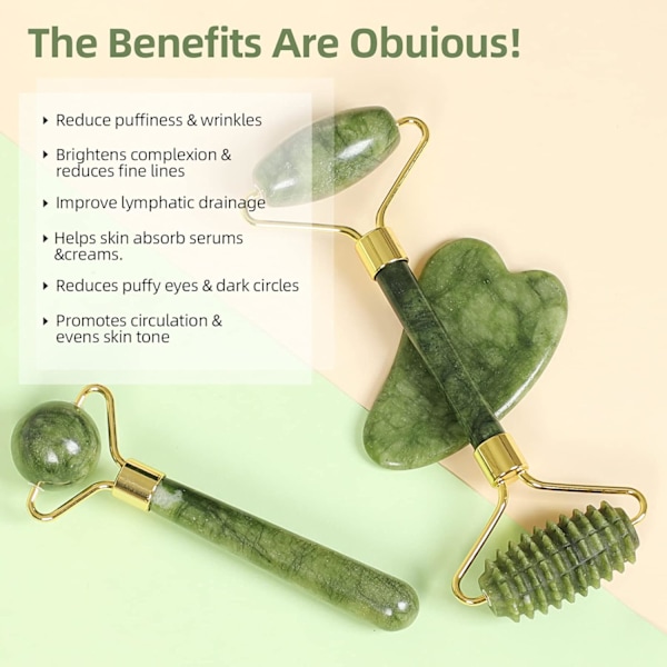 Roller med Gua Sha Massage Set (3 st) - Ansiktsroller för behandling av svullna ögon, huduppstramning, ansikte & hals, naturlig