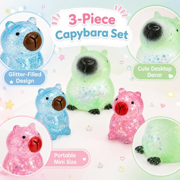 3 stk Capybara Squeeze, rosa, blå og grønn glitter, skrivebordsdekor samlersett 8 cm