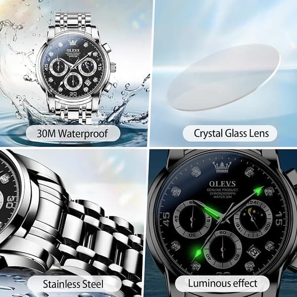 OLEVS Herrklocka Chronograf, Vattentät Multifunktionell Urtavla med Datum Diamantklockor för Män Black Dial/Silver Band