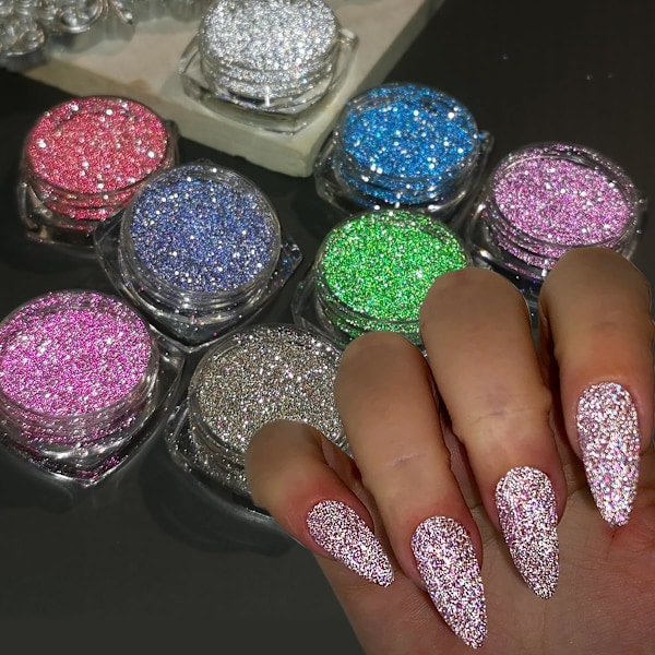 Reflekterande Glitterpulver Set, 7 Färger Glittrande Diamant Nagelglitter Damm, Silver Rosa Lila Grön Löst Glitter för Naglar