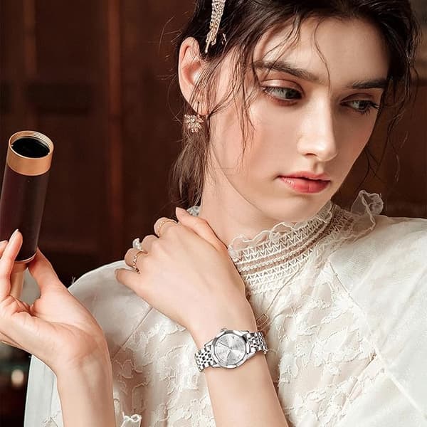 OLEVS Dameur, Romertal Luksus Diamantur Vandtæt Analog Quartz med Datovisning til Kvinder White Face + silver Strap