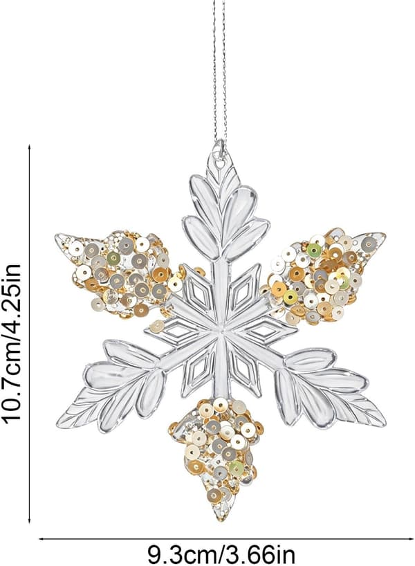 Julepynt - Akryl Juletræshæng med Pailletter 10 cm (Snefnug)