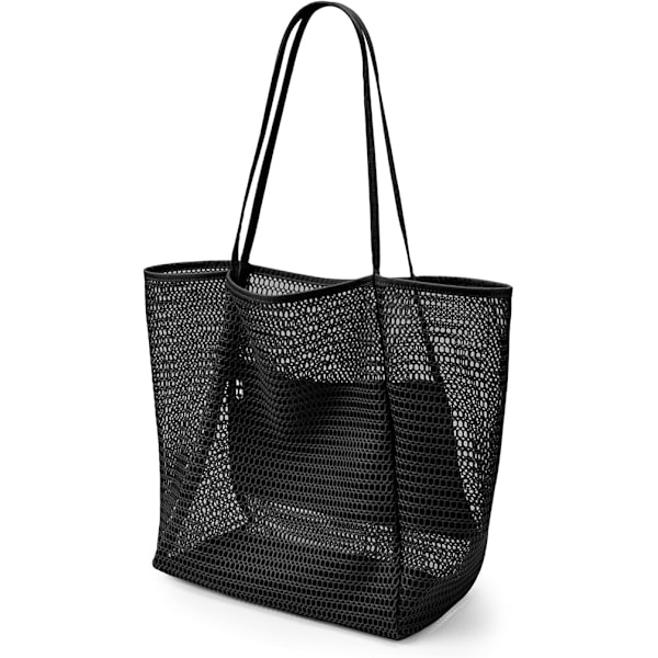 Strandväska i Mesh, Casual Tote Bag Kvinnor Vikbar MAX Axelväska För Strand Picknick Semester Black