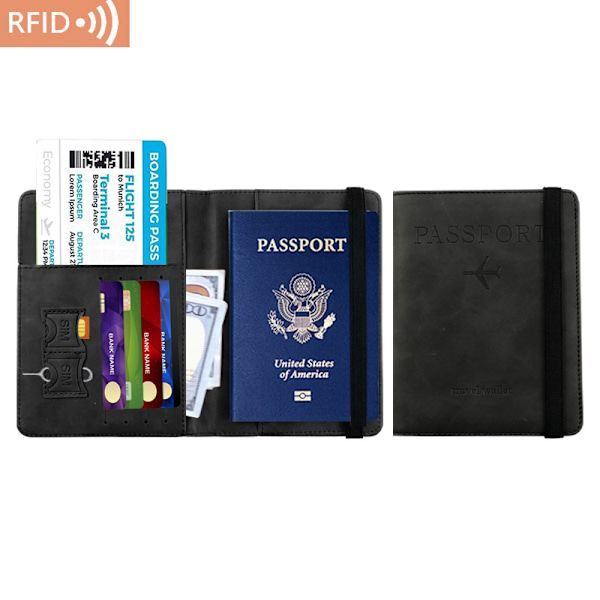 Passfodral Reseplånbok Organiserare, Passfodral med RFID-blockering, PU Läder Resedokumenthållare Gray
