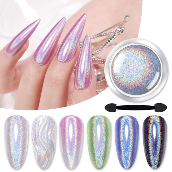 Holografiskt Nagelpulver Fint Regnbågsiriserande Holografisk Effekt Multi Chrome Manikyr Pigment Glitter Damm för Salong Hem Nagel