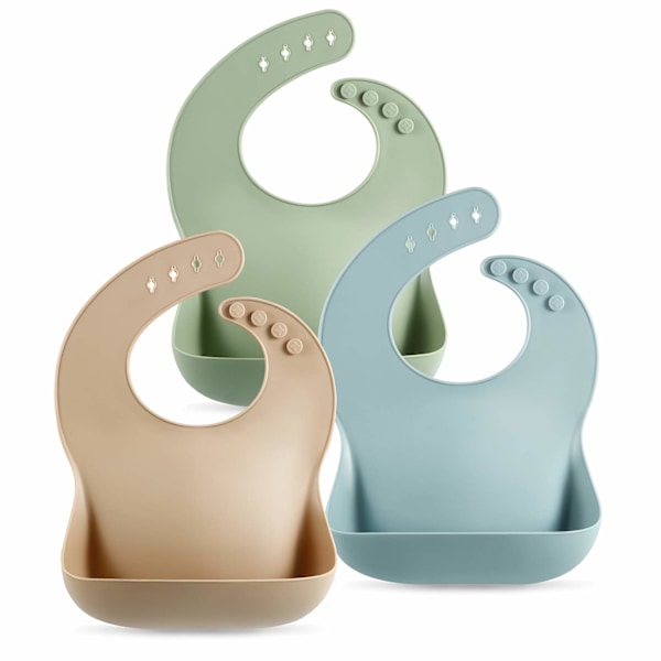Set med 3 Silikonhaklappar för Bebisar Vattentäta, Mjuka, Unisex, 10-72 Månader (Brun/Blå/Grön)