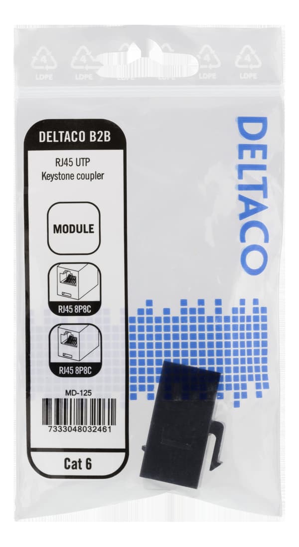 Cat6 Keystone-koppling, oskärmad, 2xRJ45, plast, 180