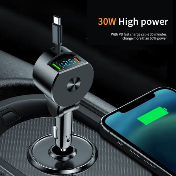 3-i-1 infällbar billaddare 75W USB-C & USB-A snabbladdning med LED-voltmeter, 12-24V