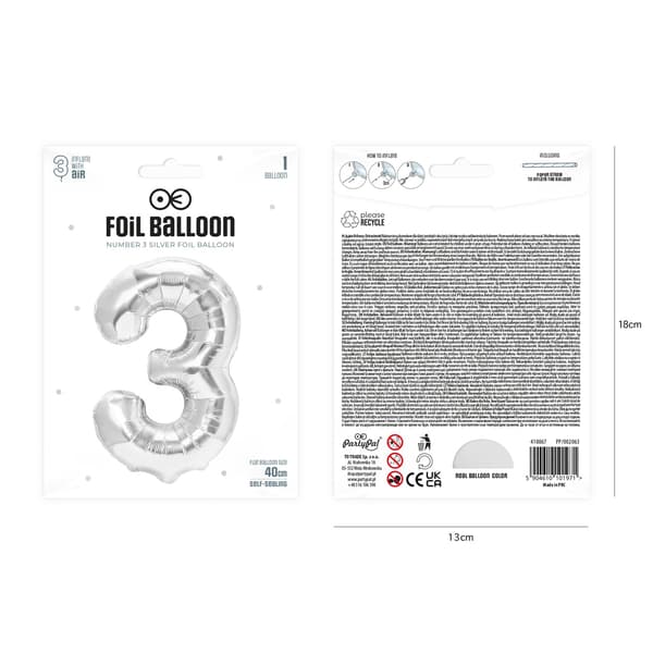 Folieballong Nummer 3 Sølv 40 cm silver