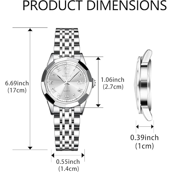 OLEVS Damklocka, Romerska Siffror Lyxig Diamantklocka Vattentät Analog Kvarts med Datumklocka för Kvinnor White Face + silver Strap
