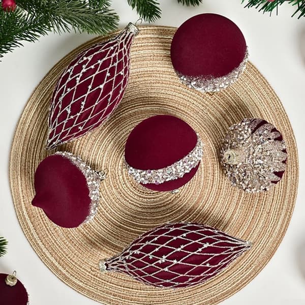 Flockade julkulor 8 cm 10 st vinröd grön PVC metallring RÖD Red