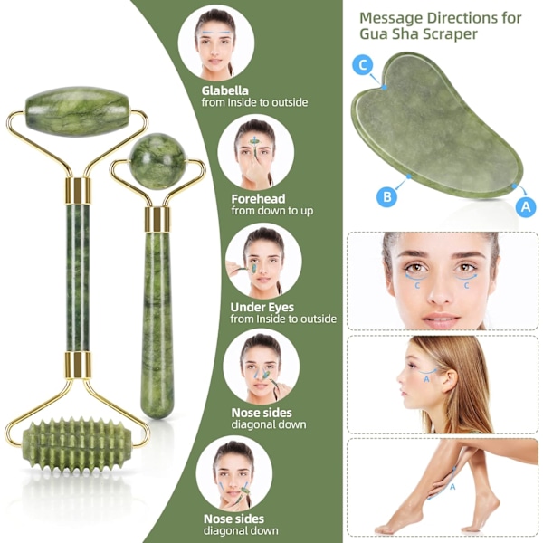 Roller med Gua Sha Massage Set (3 st) - Ansiktsroller för behandling av svullna ögon, huduppstramning, ansikte & hals, naturlig