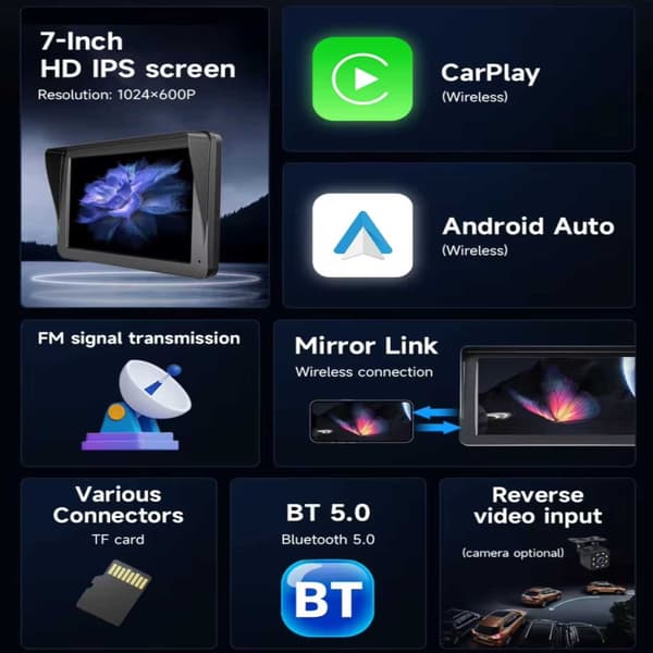 Bilstereo 7\" Touchscreen til bil med trådløs Carplay og Android Auto sort black