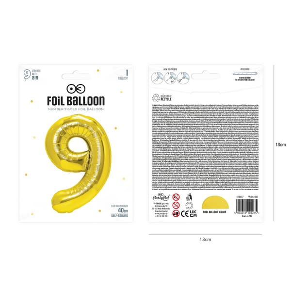 Folioilmapallo numero 9 kulta 40 cm kulta gold