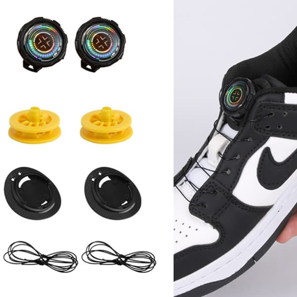 Automatisk Roterende Spænde Snørebåndssystem 4-delt Sæt til Sneakers og Fritidssko Sort Black