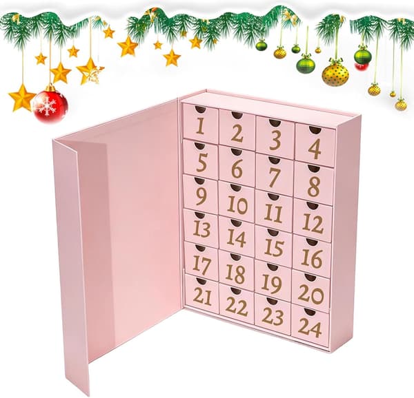 1 stk. nedtellingskalender til jul, 24 dager, påfyllbar, tom, DIY, gjenbrukbar